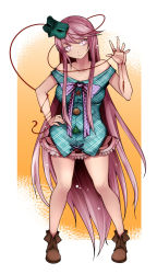 Rule 34 | 1girl, absurdly long hair, adapted costume, aoshima, bare legs, bare shoulders, bow, bowtie, breasts, brown footwear, bubble skirt, buttons, closed mouth, collarbone, domino mask, empty eyes, expressionless, full body, glowing, glowing eyes, hand on own hip, hata no kokoro, head tilt, highres, large breasts, long hair, looking at viewer, mask, mask on head, microskirt, off-shoulder shirt, off shoulder, pink bow, pink bowtie, pink eyes, pink hair, pink skirt, plaid, plaid shirt, polka dot, polka dot bow, polka dot neckwear, shirt, shoes, skirt, solo, star (symbol), string, string of fate, swept bangs, touhou, very long hair