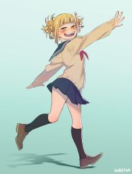 Rule 34 | 10s, 1girl, artist name, blonde hair, blunt bangs, blush, boku no hero academia, cardigan, double bun, fangs, full body, hair bun, half-closed eyes, highres, kibstar, long sleeves, open mouth, outstretched arms, pleated skirt, school uniform, serafuku, short twintails, skirt, sleeves past wrists, solo, teeth, toga himiko, twintails, yellow eyes