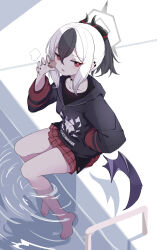 Rule 34 | 1girl, absurdres, barefoot, black choker, black hair, black hoodie, black horns, black nails, black shirt, black wings, blue archive, bright pupils, choker, collarbone, commentary, cup, demon horns, demon wings, earclip, fengqun, hand in pocket, hand up, highres, holding, holding cup, hood, hood down, hoodie, horns, jacket, kayoko (blue archive), long sleeves, looking at viewer, low wings, miniskirt, mole, mole on collarbone, multicolored hair, open mouth, plaid, plaid skirt, pleated skirt, ponytail, print jacket, red eyes, red skirt, shirt, single wing, sitting, skirt, soaking feet, solo, streaked hair, two-tone hair, white hair, white pupils, wings