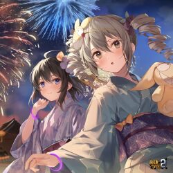 Rule 34 | 2girls, ahoge, arm up, benghuai xueyuan, black hair, bow, breasts, bronya zaychik, chestnut mouth, closed mouth, drill hair, fireworks, floating hair, green eyes, grey hair, hair between eyes, hair bow, holding, holding stuffed toy, homu (honkai impact), honkai (series), japanese clothes, kimono, looking ahead, looking at another, multiple girls, night, night sky, official art, orange bow, outdoors, parted lips, purple bow, seele vollerei, sidelocks, sky, small breasts, stuffed toy, twin drills, twintails, yukata