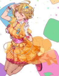Rule 34 | 1girl, ahoge, arm up, belly chain, blonde hair, blue wristband, blush, bow, breasts, checkered clothes, checkered dress, dress, earrings, elbow gloves, fishnet pantyhose, fishnets, frilled dress, frills, from side, gloves, grin, hair between eyes, hair bow, hand up, high heels, hoyaza1561, ibuki tsubasa, idolmaster, idolmaster million live!, idolmaster million live! theater days, idolmaster poplinks, jewelry, large breasts, legs up, looking at another, multicolored background, necklace, one eye closed, orange dress, pantyhose, pearl hair ornament, pearl necklace, pink corset, pink eyes, pink footwear, ribbon, short hair, single elbow glove, smile, solo, sparkle, striped clothes, striped dress, underbust, vertical-striped clothes, vertical-striped dress, white gloves, yellow ribbon