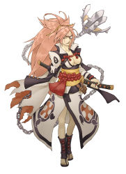 Rule 34 | 1girl, baiken, blue hair, breasts, brown eyes, chain, cleavage, eyepatch, facial mark, fukai rei, full body, guilty gear, guilty gear xrd, holding, holding weapon, japanese clothes, katana, kimono, large breasts, open mouth, toeless footwear, pink hair, ponytail, red eyes, samurai, sash, simple background, solo, sword, weapon