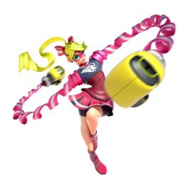 Rule 34 | 1girl, absurdres, arms (game), bike shorts, blonde hair, boxing gloves, domino mask, full body, green hair, highres, looking at viewer, mask, multicolored hair, nintendo, official art, ponytail, ribbon girl (arms), shorts, shorts under skirt, skirt, smile, solo, two-tone hair