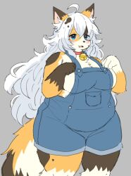 Rule 34 | 1girl, ahoge, animal ears, animal hands, bell, blue eyes, blue overalls, breasts, cat ears, cat girl, cat tail, commentary, cowboy shot, english commentary, fat, furry, furry female, goldie fenc, highres, large breasts, long hair, looking at viewer, open mouth, original, overalls, simple background, solo, tail, very long hair
