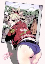 Rule 34 | 1girl, ass, back, belt, blonde hair, blue sky, cigarette, city, delta 9, fate/apocrypha, fate (series), green eyes, highres, jacket, leaning forward, long hair, looking at viewer, mordred (fate), mordred (fate/apocrypha), ponytail, shadow, short shorts, shorts, sky, smoking, solo, studded jacket, window