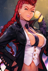 Rule 34 | 1girl, breasts, cleavage, collar, crimson viper, earrings, gloves, green eyes, hand on own hip, hungry clicker, jewelry, large breasts, mature female, midriff, navel, necktie, no bra, parted lips, red hair, rimless eyewear, shirt, solo, street fighter, street fighter iv (series), white shirt