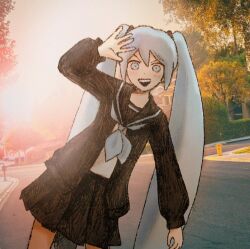 Rule 34 | 1girl, aqua eyes, aqua hair, aqua neckerchief, arm at side, black jacket, black sailor collar, black skirt, commentary, english commentary, fire hydrant, hair between eyes, hair ornament, hand up, hatsune miku, jacket, long hair, long sleeves, looking at viewer, neckerchief, omocat (style), omori, open clothes, open jacket, open mouth, outdoors, parody, photo background, pleated skirt, project diva (series), rolling girl (module), sailor collar, sapgoon, school uniform, shirt, sidewalk, skirt, smile, solo, style parody, teeth, tree, twintails, upper teeth only, v-shaped eyebrows, very long hair, vocaloid, white shirt