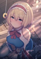 Rule 34 | 1girl, @ @, adapted costume, alice margatroid, armband, bare shoulders, blonde hair, blue dress, blue eyes, capelet, coin, coin on string, darumoon, dress, hairband, highres, hypnosis, indoors, lolita hairband, mind control, neck ribbon, red hairband, red ribbon, ribbon, short hair, sitting, solo, touhou, yokozuwari