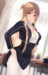 Rule 34 | 1girl, alternate costume, asuna (sao), black jacket, blurry, blurry background, blush, bra, bra peek, braid, breasts, brown eyes, brown hair, cait aron, cleavage, closed mouth, collared shirt, cowboy shot, cropped jacket, depth of field, high-waist skirt, highres, indoors, jacket, long hair, long sleeves, looking at viewer, medium breasts, open clothes, open shirt, pantyhose, parted bangs, pink bra, shirt, sidelocks, skirt, solo, straight hair, sword art online, underwear, very long hair, white pantyhose, white shirt