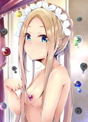 Rule 34 | 1girl, abigail williams (fate), blonde hair, blue eyes, blush, braid, breasts, candy, closed mouth, collarbone, cucchiore, curtains, fate/grand order, fate (series), food, forehead, french braid, lollipop, long hair, looking at viewer, maid headdress, official alternate costume, parted bangs, small breasts, solo, topless, upper body, window