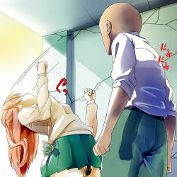 Rule 34 | 1boy, 1girl, arched back, artist request, bald, faceless, faceless male, full bush, head back, highres, indoors, money, motion lines, no panties, prostitution, pubic hair, red hair, school uniform, skirt, tagme, thighs, uncensored, upskirt