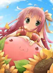 Rule 34 | 1girl, :3, ahoge, animal, animal around neck, blush, breasts, closed mouth, commentary request, detached sleeves, dress, flower, fox, green eyes, leaf, long hair, looking at viewer, medium breasts, pink hair, poring, professor (ragnarok online), ragnarok online, red dress, red sleeves, shindo hachigo, sleeveless, sleeveless dress, slime (creature), smile, sunflower, upper body, yellow flower