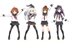 Rule 34 | 10s, 4girls, akatsuki (kancolle), anchor symbol, arm up, bad id, bad pixiv id, black legwear, black skirt, blue eyes, brown eyes, brown hair, coupon (skyth), flat cap, folded ponytail, hair between eyes, hair ornament, hairclip, hat, hibiki (kancolle), highres, ikazuchi (kancolle), inazuma (kancolle), kantai collection, loafers, long hair, looking at viewer, multiple girls, neckerchief, open mouth, outstretched arms, pantyhose, pleated skirt, purple eyes, purple hair, school uniform, serafuku, shoes, short hair, silver hair, simple background, skirt, smile, socks, standing, thighhighs, white background