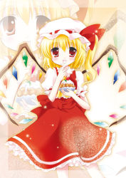 Rule 34 | 1girl, bad id, bad pixiv id, blonde hair, blouse, collared shirt, eating, embodiment of scarlet devil, female focus, flandre scarlet, food, hair between eyes, hat, mob cap, red eyes, shirt, side ponytail, solo, tart (food), touhou, white-brown, white hat, white shirt, wings, zoom layer