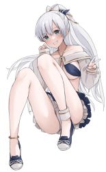 Rule 34 | 1girl, absurdres, anastasia (fate), anastasia (swimsuit archer) (fate), anastasia (swimsuit archer) (third ascension) (fate), bare shoulders, bikini, blue bikini, blue eyes, blue skirt, blush, bow, breasts, cleavage, collarbone, fate/grand order, fate (series), grin, hair bow, hair over one eye, hairband, highres, jewelry, kopaka (karda nui), large breasts, long hair, long sleeves, looking at viewer, miniskirt, necklace, ponytail, puffy long sleeves, puffy sleeves, silver hair, skirt, smile, solo, swimsuit, very long hair