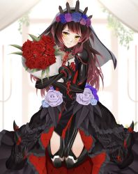 Rule 34 | 1girl, black dress, blue flower, blue rose, blush, bouquet, brown hair, chain, collar, commentary request, cuffs, dress, flower, gradient hair, head wreath, highres, holding, holding bouquet, hololive, kneeling, long hair, looking at viewer, mechanical arms, mechanical legs, metal collar, multicolored hair, parted lips, purple flower, purple rose, red flower, red hair, red rose, roboco-san, roboco-san (dark bride), rose, smile, solo, veil, virtual youtuber, yellow eyes, yuya (yuya illust)