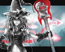 Rule 34 | 1girl, adapted costume, bad id, bad pixiv id, female focus, gloves, grin, guitar, hat, hat ribbon, holding, instrument, ioridonmax13, kirisame marisa, monochrome, navel, red eyes, ribbon, short sleeves, smile, smirk, solo, spot color, touhou, zipper