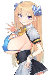 Rule 34 | 1girl, absurdres, apron, bikini, black skirt, blonde hair, blue bikini, blue bow, blue eyes, blush, borrowed character, bow, bra, breast lift, breastless clothes, breasts, covered erect nipples, diagonal-striped bow, from side, hair bow, high-waist skirt, highres, large breasts, lina (michihasu), long hair, looking at viewer, micro bikini, miniskirt, multicolored eyes, o-ring, o-ring bikini, original, parted lips, pleated skirt, puffy short sleeves, puffy sleeves, purple eyes, short sleeves, shrug (clothing), simple background, skirt, smirk, solo, strap gap, suisogenshi, swimsuit, underwear, waist apron, waitress, white background, yellow bow