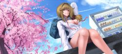 Rule 34 | 1girl, absurdres, arm up, bag, bare legs, breasts, cherry tree, cleavage, cloud, cloudy sky, collared shirt, commentary, commission, day, dudeunderscore, dutch angle, english commentary, gekkan shoujo nozaki-kun, grin, hair intakes, hair ornament, hair over shoulder, hair scrunchie, highres, knees together feet apart, large breasts, long hair, long sleeves, looking at viewer, low-tied long hair, medium hair, neck ribbon, no bra, on railing, partially unbuttoned, railing, red eyes, red ribbon, ribbon, rouman academy school uniform, school bag, school uniform, scrunchie, seo yuzuki, shirt, sitting, sky, smile, solo, thighs, twitter username, undone neck ribbon, undone neckwear, vending machine, white shirt