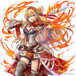 Rule 34 | armor, bikini armor, blonde hair, blue hair, fire, gloves, headdress, jewelry, long hair, looking at viewer, madogawa, necklace, official art, original, skirt, smile, solo, sword, tower of dragon, weapon