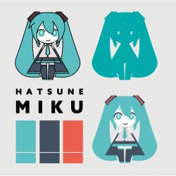 Rule 34 | 1girl, aqua eyes, aqua hair, aqua necktie, arms at sides, black footwear, black skirt, black sleeves, boots, bright pupils, character name, chibi, closed mouth, collared shirt, color guide, detached sleeves, full body, grey background, grey shirt, hair ornament, hatsune miku, long hair, long sleeves, looking at viewer, machigami yoh, miniskirt, multiple views, necktie, no lineart, shirt, silhouette, simple background, skirt, sleeveless, sleeveless shirt, sleeves past fingers, sleeves past wrists, smile, standing, straight-on, thigh boots, twintails, very long hair, vocaloid, white pupils, wide sleeves