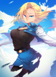 Rule 34 | 1girl, android 18, arms at sides, belt, black legwear, black shirt, blonde hair, blue eyes, blue sky, blue theme, blurry, blurry background, breast pocket, breasts, cleavage, closed mouth, cloud, cloudy sky, collarbone, cowboy shot, day, denim, denim skirt, depth of field, dragon ball, dragonball z, earrings, eyelashes, floating hair, half-closed eyes, happy, hoop earrings, impossible clothes, jewelry, large breasts, light smile, long sleeves, looking at viewer, ommmyoh, outdoors, pocket, shaded face, shirt, shirt tucked in, short hair, skirt, sky, solo, striped, striped sleeves, tareme, twitter username, waistcoat, wind, wind lift