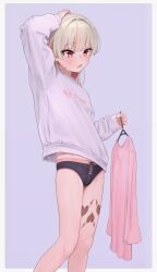Rule 34 | 1girl, arm up, black panties, blonde hair, blush, border, bow, bow panties, broken heart print, clothes hanger, commentary request, hair between eyes, hand on own head, hand up, heart, heart tattoo, highres, holding, holding clothes hanger, leg tattoo, long hair, long sleeves, looking to the side, makaino ririmu, multicolored hair, nijisanji, no pants, open mouth, panties, pink hair, pink shirt, print sweater, purple background, purple sweater, red eyes, sabamen, shirt, short hair, simple background, sleeves past wrists, solo, standing, streaked hair, sweater, tattoo, underwear, virtual youtuber, white border