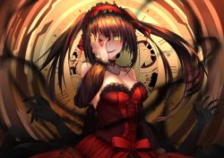 Rule 34 | 1girl, :d, absurdres, asymmetrical hair, bare shoulders, black hair, blush, breasts, cleavage, clock eyes, commentary request, date a live, date a live: date a bullet, detached collar, detached sleeves, gothic lolita, hairband, hand on own face, highres, huge filesize, lolita fashion, lolita hairband, long hair, medium breasts, mr2d, open mouth, red eyes, roman numeral, smile, solo, symbol-shaped pupils, tokisaki kurumi, twintails, yellow eyes