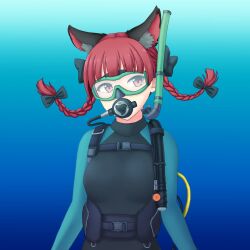 Rule 34 | 1girl, animal ears, black wetsuit, bodysuit, bow, braid, cat ears, diving, diving mask, diving regulator, diving suit, goggles, hair bow, highres, hose, isaki (gomi), kaenbyou rin, red eyes, red hair, scuba, scuba gear, simple background, snorkel, strap, submerged, touhou, twin braids, two-tone bodysuit, underwater, wetsuit