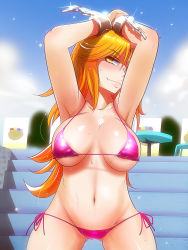 1girl alternate_costume armpits bad_id bad_pixiv_id bikini blonde_hair blush breasts chain chair cleavage cloud covering_one_eye cuffs day female_focus groin highres horns hoshiguma_yuugi hyudora large_breasts long_hair navel orange_hair pink_bikini side-tie_bikini_bottom single_horn sky smile solo sweat swimsuit table touhou yellow_eyes