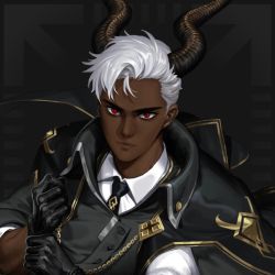 Rule 34 | 1boy, dark skin, dragon boy, dragon horns, gloves, highres, horns, looking at viewer, necktie, official art, polygon project, red eyes, solo, virtual youtuber, white hair, xjamal