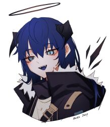 Rule 34 | 1girl, anies kouhai, arknights, black coat, blue eyes, blue hair, blue tongue, coat, colored tongue, cropped torso, fangs, fur trim, halo, horns, looking at viewer, medium hair, mostima (arknights), open mouth, portrait, simple background, smile, solo, white background