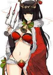 Rule 34 | 1girl, absurdres, bikini, black hair, blush, bracelet, breasts, cape, christmas, circlet, cleavage, fire emblem, fire emblem awakening, fire emblem heroes, highres, horns, jewelry, long hair, looking at viewer, medium breasts, navel, nintendo, ormille, purple eyes, simple background, solo, swimsuit, tharja (fire emblem), tharja (winter) (fire emblem), tiara, two side up, white background