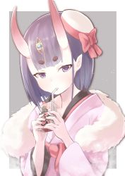 Rule 34 | 1girl, bad id, bad pixiv id, blush, border, bow, drinking straw, fate/grand order, fate (series), fur, gem, grey background, hamalu, hat, hat bow, highres, holding, horns, japanese clothes, kimono, light particles, long sleeves, looking at viewer, mini hat, outside border, pink kimono, pointy ears, purple eyes, purple hair, red bow, shawl, short hair, shuten douji (dress for demons) (fate), shuten douji (fate), simple background, skin-covered horns, solo, thick eyebrows, tsurime, two-handed, upper body, white border, white hat, wide sleeves