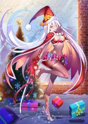 Rule 34 | 1girl, ;p, absurdres, bell, bikini, bow, box, breasts, cape, christmas, christmas tree, cleavage, doll, gift, gift box, hat, high heels, highleg, highres, holding, holding weapon, ice dragon (artist), langrisser, long hair, looking at viewer, navel, one eye closed, pointy ears, ribbon, santa hat, see-through, smile, snow, solo, star (symbol), swimsuit, tongue, tongue out, very long hair, weapon, white hair, yellow eyes, zerida