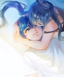 Rule 34 | 1boy, 1girl, absurdres, blue eyes, blue hair, chinese commentary, commentary, grey hair, hair rings, head hug, hetero, highres, kitsuneko (fox a-j), long hair, looking at another, luo tianyi, one eye closed, shirt, sidelighting, smile, twintails, vocaloid, vsinger, white shirt, zhiyu moke