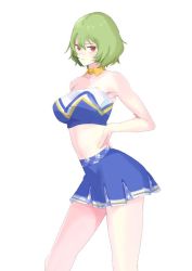 Rule 34 | 1girl, alternate costume, blue skirt, closed mouth, contrapposto, detached collar, feet out of frame, green hair, hands on own hips, kazami yuuka, looking at viewer, navel, red eyes, short hair, simple background, skirt, solo, standing, strapless, tohoyuukarin, touhou, touhou lostword, tube top, white background