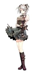 Rule 34 | 10s, 1girl, arm grab, black gloves, boots, buckle, ciel alencon, corset, expressionless, female focus, fingerless gloves, frilled skirt, frills, full body, gloves, god eater, god eater 2: rage burst, grey eyes, hair ornament, juliet sleeves, knee boots, kneehighs, layered skirt, legs, long image, long sleeves, looking at viewer, official art, puffy sleeves, short hair, silver hair, simple background, skirt, socks, sogabe shuuji, solo, standing, tall image, thigh strap, white background, wristband