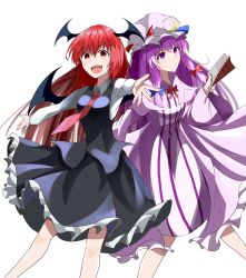 Rule 34 | 2girls, :/, black skirt, black vest, blue bow, blush, book, bow, commentary request, crescent, crescent hat ornament, demon wings, dress, frilled skirt, frills, hair bow, hat, hat ornament, head wings, highres, holding, holding book, koakuma, long hair, long sleeves, looking at viewer, medium hair, mob cap, multiple girls, necktie, open mouth, outstretched arm, patchouli knowledge, po (anhk5528), purple eyes, purple hair, red bow, red eyes, red hair, red neckwear, sidelocks, simple background, skirt, standing, striped clothes, striped dress, touhou, vest, white background, wings, ||/