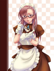 Rule 34 | 1girl, apron, asymmetrical hair, blush, breasts, brown-framed eyewear, brown dress, brown eyes, checkered background, commentary request, cowboy shot, dated commentary, dress, food, frilled apron, frills, glasses, gloves, holding, holding spoon, incoming food, kafra uniform, kawagoe pochi, leilah (ragnarok online), long hair, looking at viewer, maid, maid headdress, medium breasts, open mouth, pink hair, puffy short sleeves, puffy sleeves, ragnarok online, semi-rimless eyewear, short sleeves, solo, soup, spoon, under-rim eyewear, waist apron, white apron, white gloves