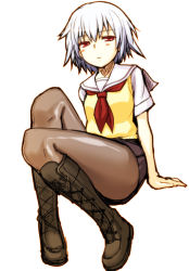 Rule 34 | 10s, 1girl, bad id, bad pixiv id, ben-tou, black skirt, boots, cross-laced footwear, knee boots, lace-up boots, miniskirt, nogi yasuhito, pantyhose, pleated skirt, red eyes, school uniform, short hair, silver hair, simple background, sitting, skirt, solo, thighs, yarizui sen