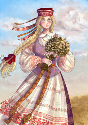 Rule 34 | 1girl, akrn lumina7, blonde hair, blue eyes, blush, bouquet, braid, cloud, dress, flower, green eyes, hat, highres, holding, jewelry, lithuania, long braid, long hair, long sleeves, looking at viewer, original, red ribbon, ribbon, single braid, sky, smile, solo, standing, traditional clothes, traditional media
