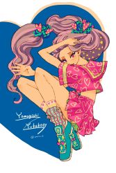 Rule 34 | 1girl, bad id, bad pixiv id, character name, from side, hair tie, heart, heart print, jojo no kimyou na bouken, legs together, light purple hair, lipstick, long hair, makeup, mii (ff96zgrckhox), miniskirt, pink eyes, pleated skirt, red lips, school uniform, serafuku, skirt, solo, star (symbol), twitter username, very long hair, yamagishi yukako