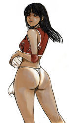 Rule 34 | 1girl, ass, ball, bikini tan, black hair, dark-skinned female, dark skin, elbow pads, from behind, fundoshi, grey eyes, japanese clothes, kazaana, long hair, looking back, original, simple background, solo, tan, tanline, volleyball, volleyball (object), white background