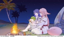 Rule 34 | 2girls, alternate costume, animal ears, barefoot, beiyi, blunt bangs, blurry, campfire, camping, commentary, crying, depth of field, desert, earrings, english commentary, feet, food, fox ears, fox girl, fox tail, fruit, genshin impact, gradient hair, hair between eyes, hair ornament, holding, jewelry, long hair, long sleeves, looking at another, mountainous horizon, multicolored hair, multiple girls, night, night sky, pink hair, purple eyes, purple hair, raiden shogun, sidelocks, skewer, sky, star (sky), starry sky, tail, toes, vision (genshin impact), yae miko