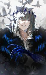 Rule 34 | 1boy, black hair, blue eyes, blue skin, bug, butterfly, colored skin, diamond hairband, eyelashes, fate/grand order, fate (series), fur trim, galibo, half-closed eyes, highres, insect, looking at viewer, male focus, oberon (fate), oberon (third ascension) (fate), shirt, smile, solo, spoilers, teeth, upper body, white shirt