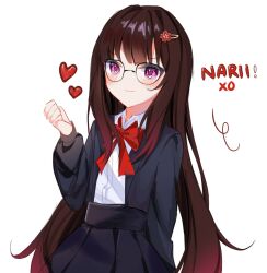 Rule 34 | 1girl, arm at side, artist name, black jacket, black skirt, blazer, blush, bow, bowtie, brown hair, clenched hand, closed mouth, glasses, gradient hair, hand up, heart, heart in eye, high-waist skirt, highres, honkai: star rail, honkai (series), jacket, long hair, looking at viewer, multicolored hair, narii xo, open clothes, open jacket, pink eyes, pleated skirt, red bow, red bowtie, red hair, school uniform, shirt tucked in, simple background, skirt, smile, solo, sparkle (honkai: star rail), straight hair, symbol in eye, white background