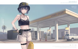 Rule 34 | 1girl, badge, bare arms, bare shoulders, belt, belt pouch, black belt, black camisole, black choker, black eyes, black hair, black hat, blue sky, bracelet, breasts, bright pupils, brown shorts, bucket hat, buckle, button badge, camisole, canister, car, chin strap, choker, cleavage, collarbone, commentary, crop top, cross-shaped pupils, dated, day, earrings, english commentary, english text, eyewear on head, facial mark, gas can, gas station, hat, highres, holding, hoop earrings, jewelry, letterboxed, looking at viewer, midriff, mole, mole under eye, motor vehicle, mountain, navel, necklace, open mouth, original, outdoors, outside border, palm tree, pouch, scenery, shipping container, short hair, shorts, sky, small breasts, snap-fit buckle, solo, sports utility vehicle, standing, stomach, sugai (4ugaii), sunglasses, sweatdrop, symbol-shaped pupils, teeth, thigh strap, timestamp, tinted eyewear, traffic cone, tree, upper teeth only, weather, wristband, yellow-tinted eyewear
