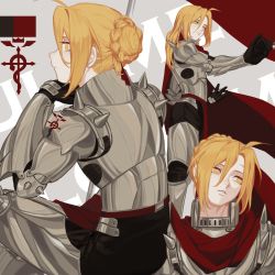 Rule 34 | 1boy, ahoge, alternate hairstyle, armor, armored boots, artoria pendragon (all), artoria pendragon (fate), automail, black gloves, black pants, blonde hair, boots, braid, braided bun, cape, cbow, edward elric, flag, flamel symbol, fullmetal alchemist, gloves, gorget, grey background, hair between eyes, hair bun, hair down, head tilt, highres, long hair, looking at hand, looking away, male focus, mechanical arms, multiple views, outstretched arm, pants, parted bangs, parted lips, pauldrons, red cape, saber (fate), shoulder armor, shoulder spikes, sideways glance, single hair bun, single mechanical arm, sitting, spikes, updo, vambraces, yellow eyes