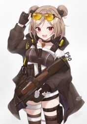 Rule 34 | 1girl, :d, absurdres, belt, black choker, black gloves, breasts, brown hair, brown jacket, bullpup, choker, collarbone, cowboy shot, double bun, eyewear on head, girls&#039; frontline, glasses, gloves, gun, gun sling, hair bun, highres, holding, holding gun, holding weapon, hood, hood down, hooded jacket, jacket, legs apart, long sleeves, looking at viewer, medium breasts, noneon319, off shoulder, open clothes, open jacket, open mouth, p90, p90 (girls&#039; frontline), partially fingerless gloves, pendant choker, personal defense weapon, pouch, radio, raised eyebrows, red eyes, shirt, short hair, sidelocks, simple background, smile, solo, submachine gun, teeth, thigh belt, thigh pouch, thigh strap, thighs, tinted eyewear, upper teeth only, weapon, white background, white shirt, yellow-tinted eyewear